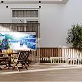 Cozy Outdoor Leisure Area With Wooden Tables Chairs Pendant Lights And Green Bamboo Plants