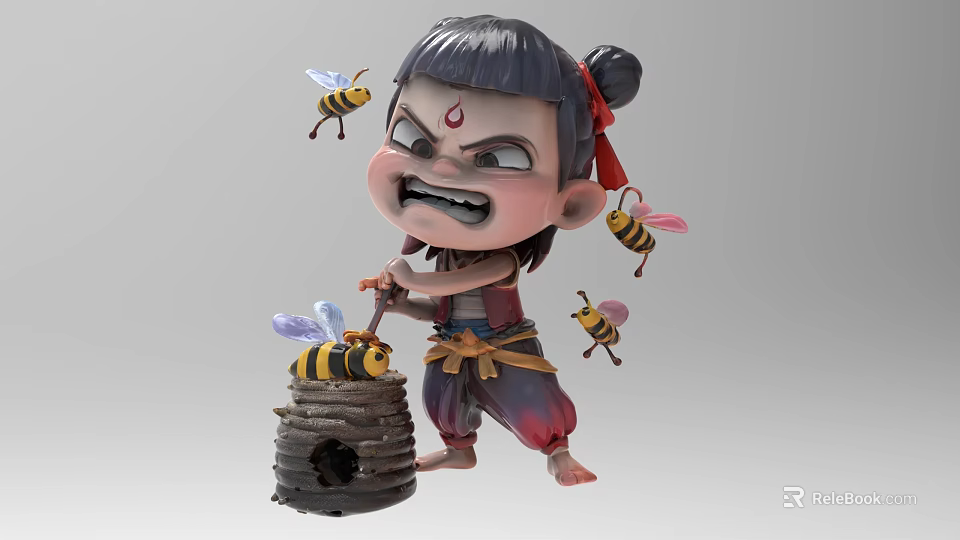 Cartoon Game Character Angry Expression Hitting Beehive with Bun Hairstyle Red Forehead Mark and Bees 3d model 