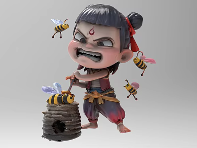 Cartoon Game Character Angry Expression Hitting Beehive with Bun Hairstyle Red Forehead Mark and Bees 3d model