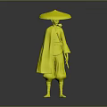 Katana Sword Weapon For Traditional Warrior In Blue Robe And Straw Hat