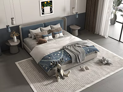 Cozy Kids Bed with Upholstered Headboard Blue Quilt Pillows Stuffed Toy and Soft Rug 3d model