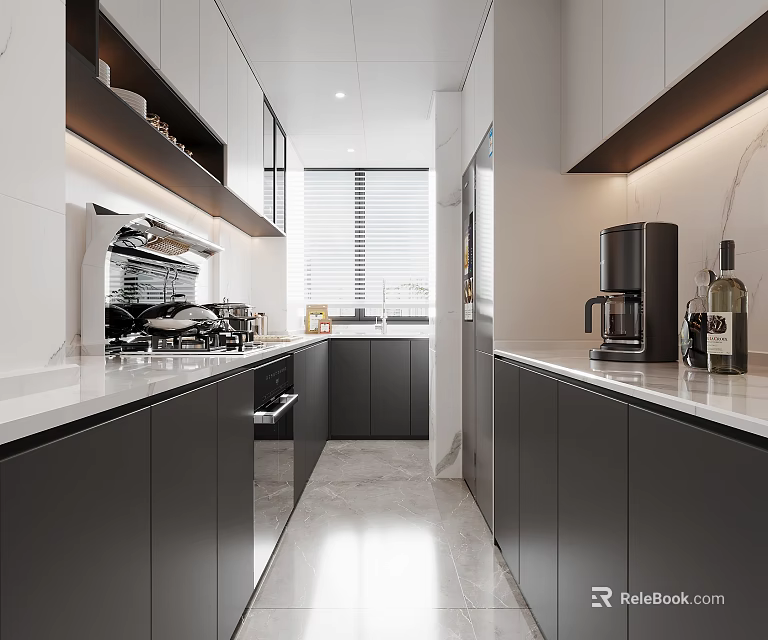 Modern Kitchen Interior With Dark Cabinets White Countertops Coffee Maker And Window Blinds 3d model