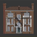 Classic Red Brick Building With White Columns Chimneys And Multiple Windows 3d model
