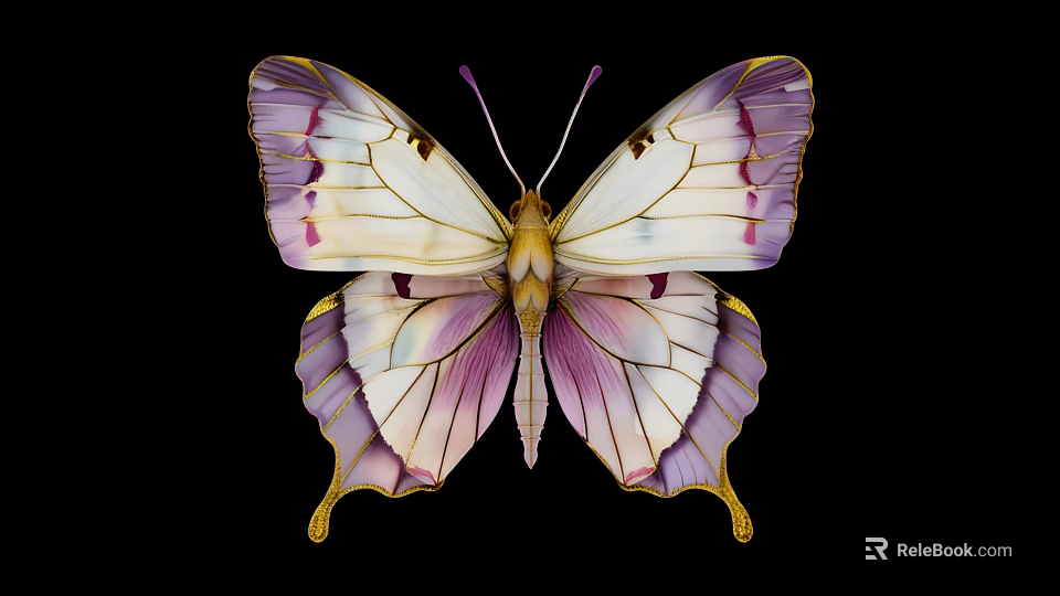 Elegant Butterfly with White Purple Gold Wings and Unique Patterns on Black Background 3d model 