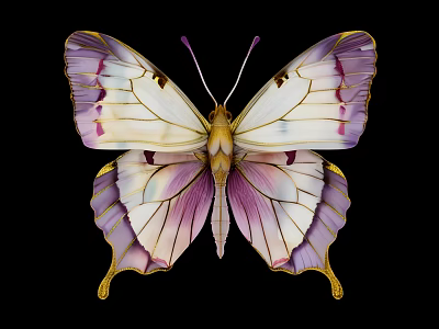 Elegant Butterfly with White Purple Gold Wings and Unique Patterns on Black Background 3d model