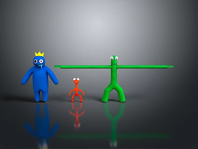 Blue Character with Yellow Crown Red Small Creature and Green Long Armed Figure 3d model