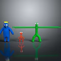 Blue Character with Yellow Crown Red Small Creature and Green Long Armed Figure
