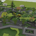 Tranquil Garden Landscape With Lush Trees Stone Decorations Pedestrian Walkways And People Relaxing