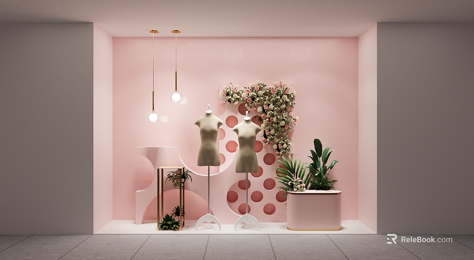 Pink Background Window Display With Mannequins Floral Decor Plants Circular Patterns And Pendant Lights 3d model 