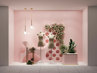 Pink Background Window Display With Mannequins Floral Decor Plants Circular Patterns And Pendant Lights 3d model