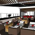 Hotel Public Lounge Area With Wooden Slatted Ceiling Red Armchairs And Open Layout