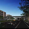 Urban Road Infrastructure Featuring Overpass Street Lamps Vehicles And Green Trees