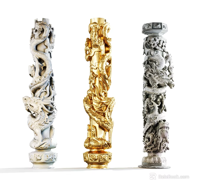 Traditional Chinese Dragon Carved Pillars With Golden And Stone Decorative Design 3d model 