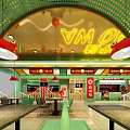 Crab Themed Restaurant Interior With Green Archway Red Crab Lamps And Yellow Neon Signs