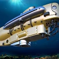 Yellow Submarine Underwater Exploration Vehicle In Deep Blue Ocean With Coral Reef