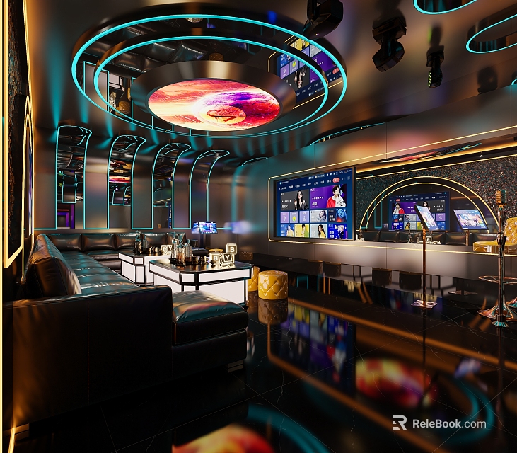 Modern Neon KTV Interior Design With Black Leather Sofas Large TV Screens And Microphones 3d model 