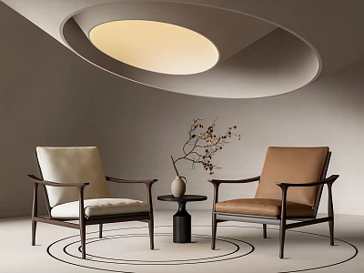 Casual Sofa Set with Beige Brown Armchairs Small Round Table Vase Twigs Circular Ceiling Light 3d model