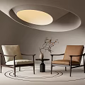 Casual Sofa Set with Beige Brown Armchairs Small Round Table Vase Twigs Circular Ceiling Light 3d model