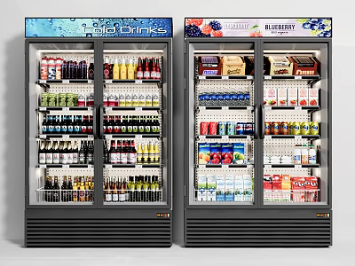 Commercial Glass Door Refrigerators Stocked With Cold Drinks And Frozen Foods 3d model