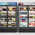Commercial Glass Door Refrigerators Stocked With Cold Drinks And Frozen Foods