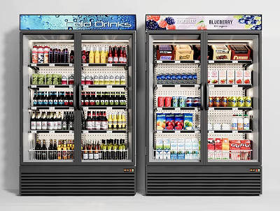 Commercial Glass Door Refrigerators Stocked With Cold Drinks And Frozen Foods 3d model