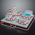 Industrial Factory Building Complex With Red White Chimneys And Pipes