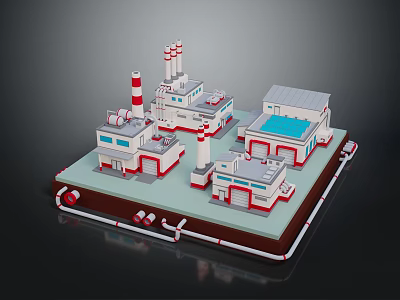 Industrial Factory Building Complex With Red White Chimneys And Pipes 3d model