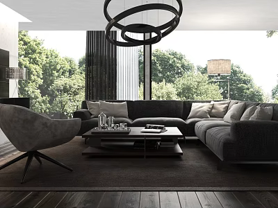 Modern Living Room Interior Design With Gray Sofa Accent Chair Round Chandelier And Wooden Floor 3d model