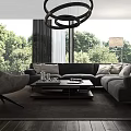 Modern Living Room Interior Design With Gray Sofa Accent Chair Round Chandelier And Wooden Floor