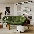 Modern Living Room Interior With Green Sofa Bookshelf Floor Lamp Coffee Table And Rug