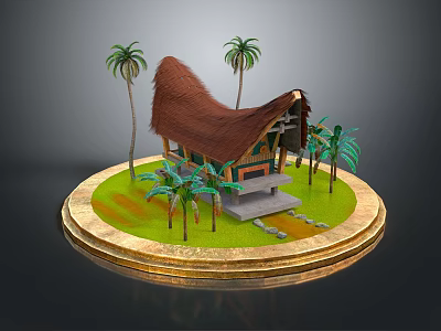 Cartoon Scene With Thatched Roof House Palm Trees Green Grass On Circular Platform 3d model