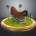 Cartoon Scene With Thatched Roof House Palm Trees Green Grass On Circular Platform