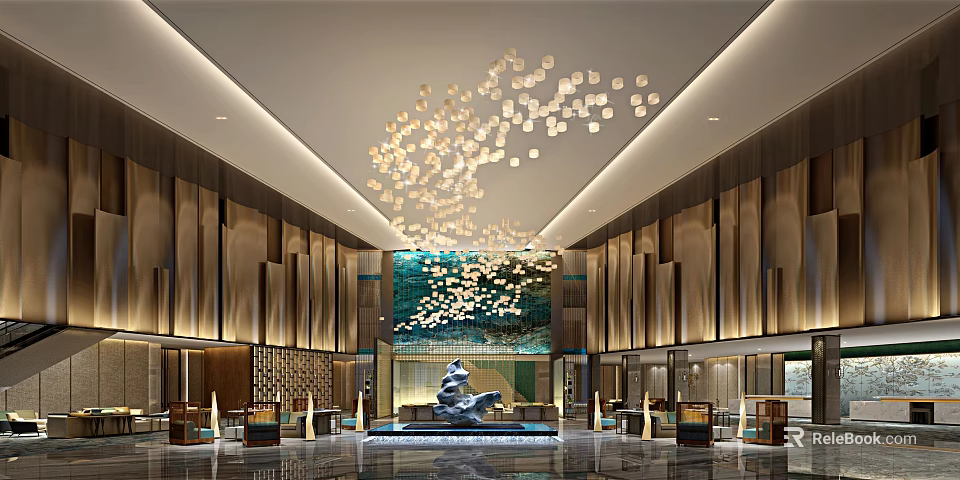 Luxurious Hotel Lobby With Grand Chandelier Central Sculpture Marble Floor And Front Desk 3d model 
