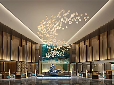 Luxurious Hotel Lobby With Grand Chandelier Central Sculpture Marble Floor And Front Desk 3d model