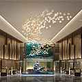 Luxurious Hotel Lobby With Grand Chandelier Central Sculpture Marble Floor And Front Desk