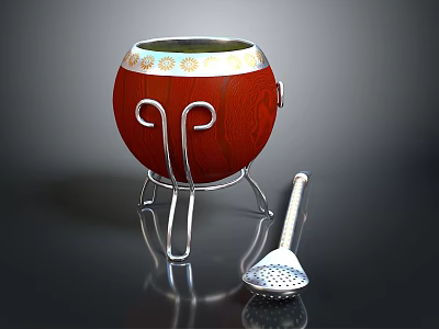 Stylish Red Drum Shaped Household Container With Silver Stand And Perforated Ladle 3d model
