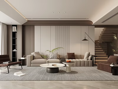 Modern Living Room With Beige Sofa Brown Armchair Round Coffee Table And Green Plant 3d model