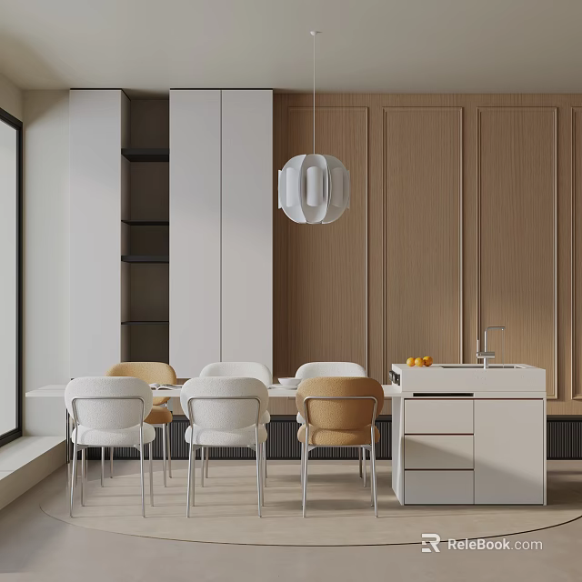 Modern Dining Table Set With White And Beige Chairs Pendant Light Wooden Wall And Cabinets 3d model 