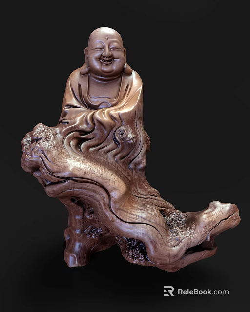 Wooden Buddha Sculpture Carving With Intricate Details And Natural Wooden Base 3d model 