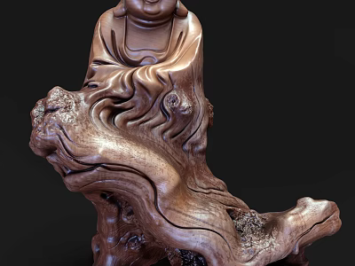 Wooden Buddha Sculpture Carving With Intricate Details And Natural Wooden Base 3d model