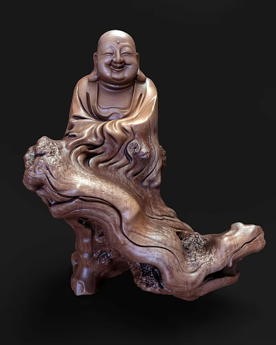 Wooden Buddha Sculpture Carving With Intricate Details And Natural Wooden Base 3d model