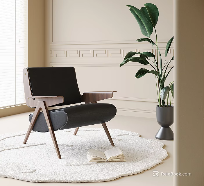Modern Accent Chair With Wooden Frame Black Upholstery On White Rug And Green Plant 3d model 