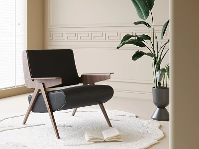 Modern Accent Chair With Wooden Frame Black Upholstery On White Rug And Green Plant 3d model