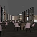 Modern Restaurant Interior With Dining Tables Pink Chairs Pendant Lights And Wooden Floors