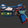 Colorful Children's Toy Gun with Blue Body Cloud Patterns Red Yellow Accents and Vibrant Design