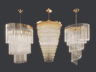 Elegant Hanging Crystal Chandeliers with Tiered Glass Design and Gold Accents 3d model