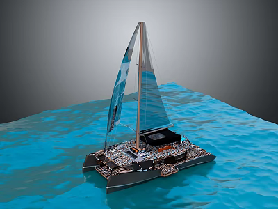 Sleek Black Sailboat With Large Blue Sail Navigating On Turquoise Water Surface 3d model