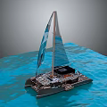 Sleek Black Sailboat With Large Blue Sail Navigating On Turquoise Water Surface