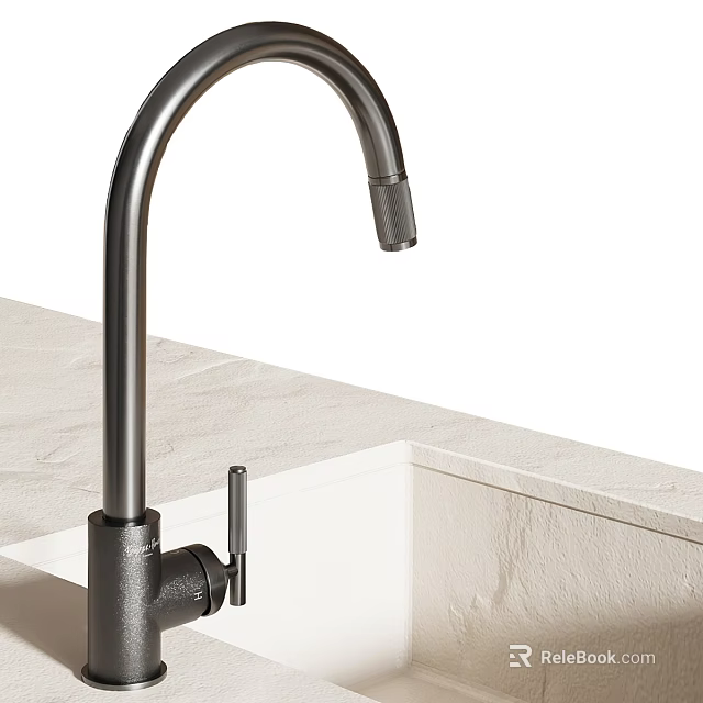 Modern Kitchen Faucet With Curved Spout On White Sink And Beige Countertop 3d model 