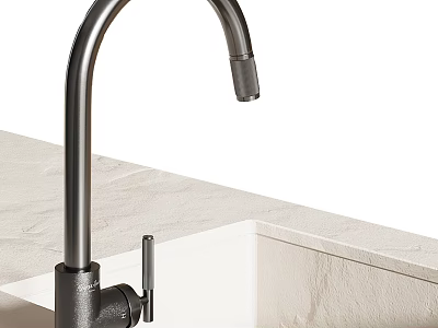 Modern Kitchen Faucet With Curved Spout On White Sink And Beige Countertop 3d model